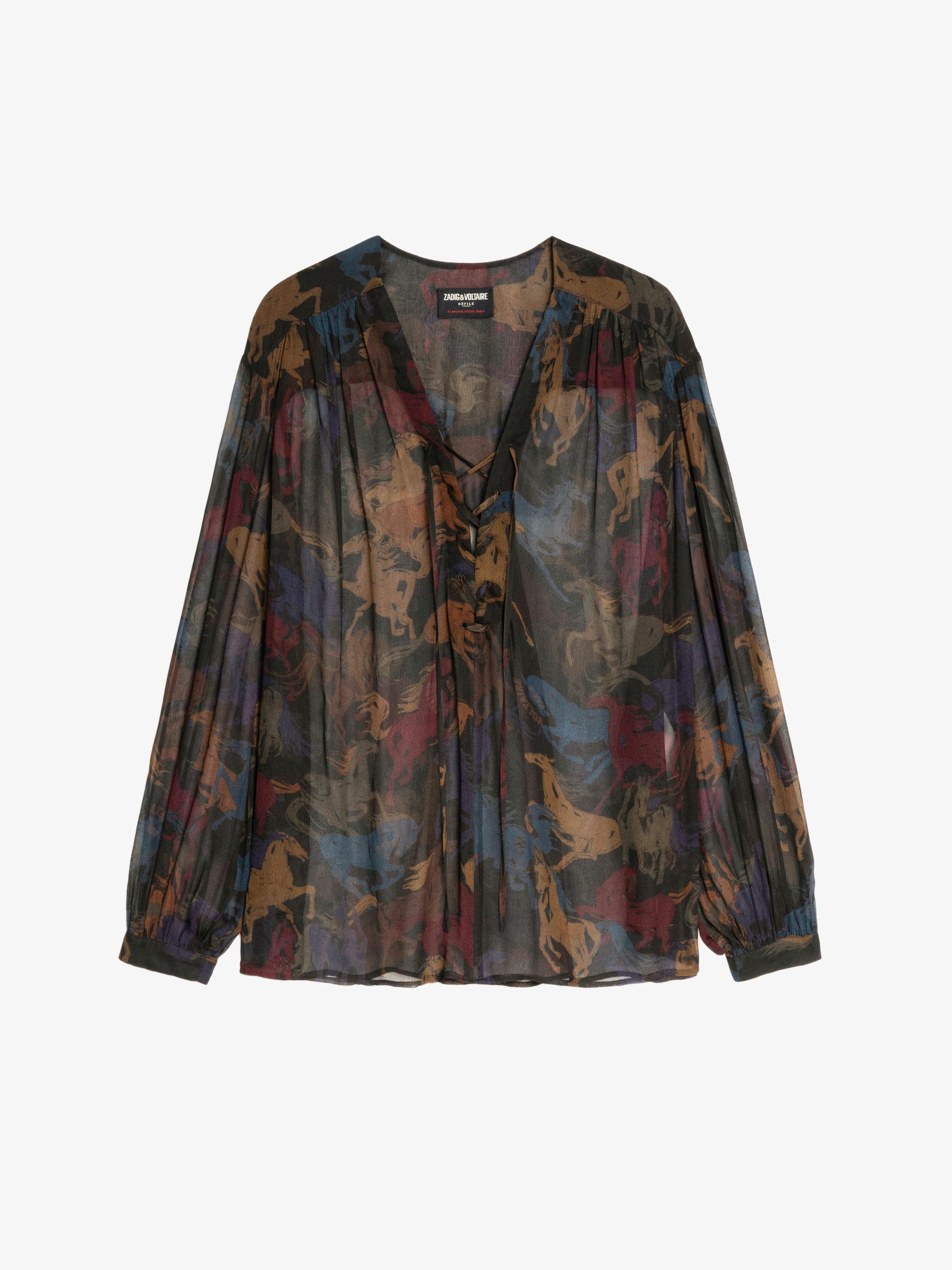 Tamela Shirt - Printed chiffon shirt with balloon long sleeves, western cut and lace-up neckline.